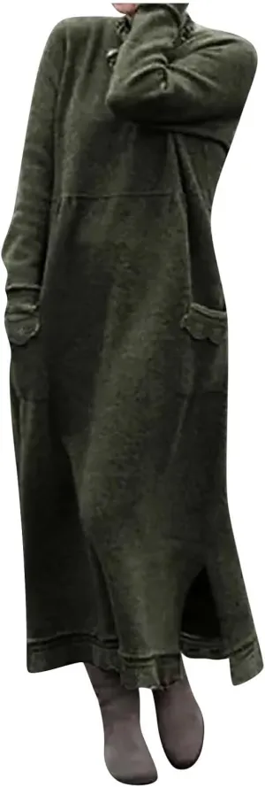 Women's Elegant Dresses Fall Winter Crew Neck Solid Maxi with Pockets,S-5XL