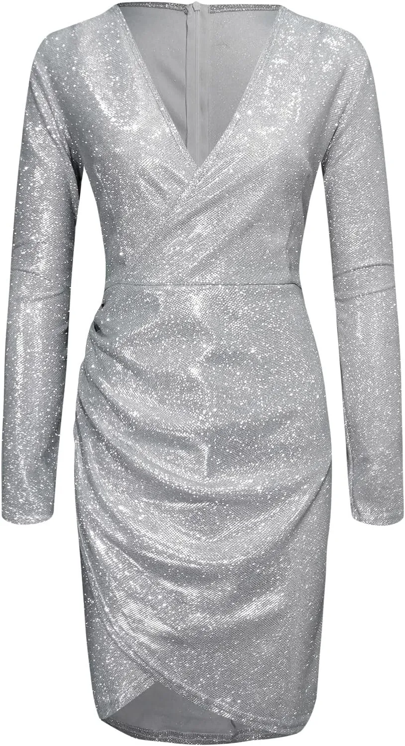 Womens Glitter Sequin Dress V Neck Party Cocktail Sparkly Mini Dress Clubwear Party Dress Bodycon Glitter Dresses Long Sleeve