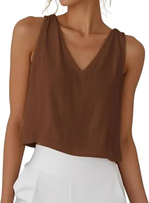 Womens Linen Crop Tank Tops Cute Summer Sleeveless Cropped Cotton Linen Tops Dressy Scoop Neck Camisole Tops