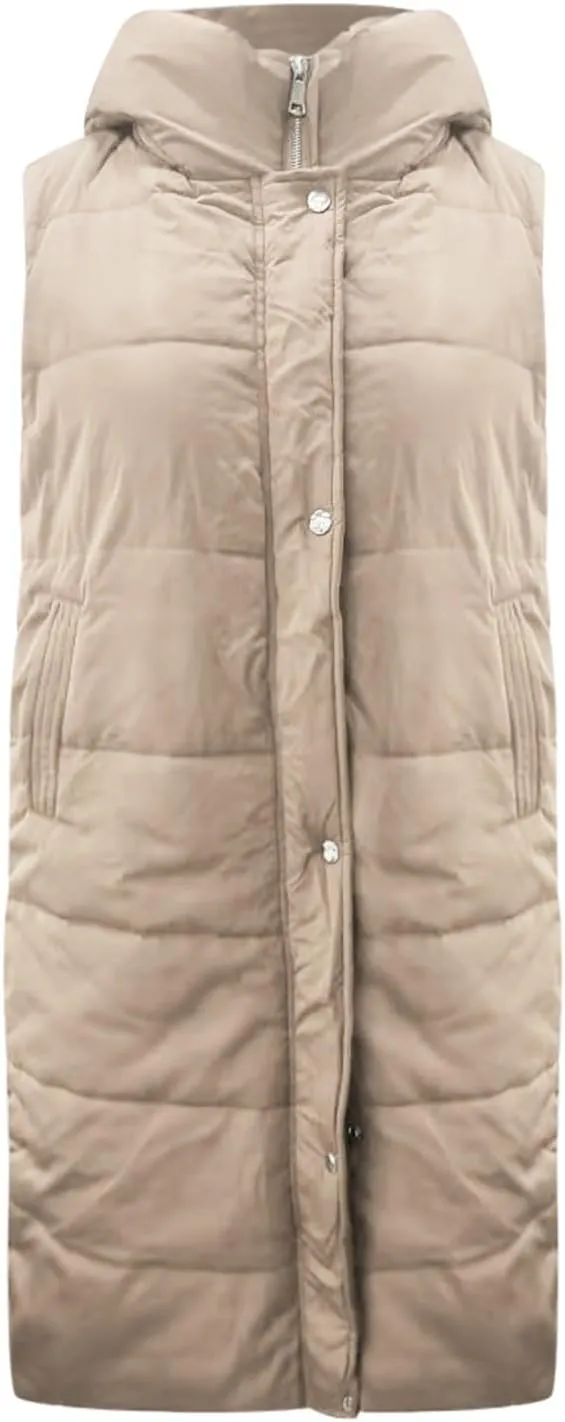 Women's Long Puffer Vest Full-Zip Sleeveless Down Vest Hooded Jacket Fashionable Coats Jacket with Pockets Trendy