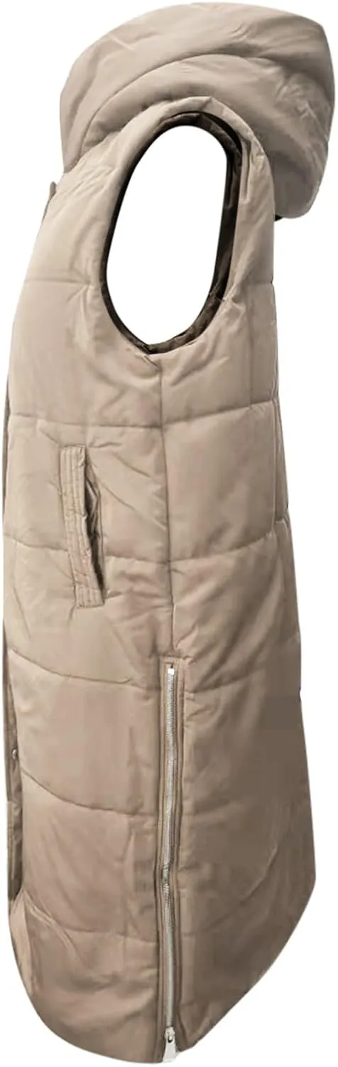 Women's Long Puffer Vest Full-Zip Sleeveless Down Vest Hooded Jacket Fashionable Coats Jacket with Pockets Trendy