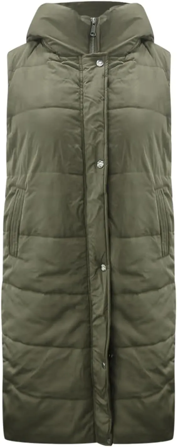 Women's Long Puffer Vest Full-Zip Sleeveless Down Vest Hooded Jacket Fashionable Coats Jacket with Pockets Trendy