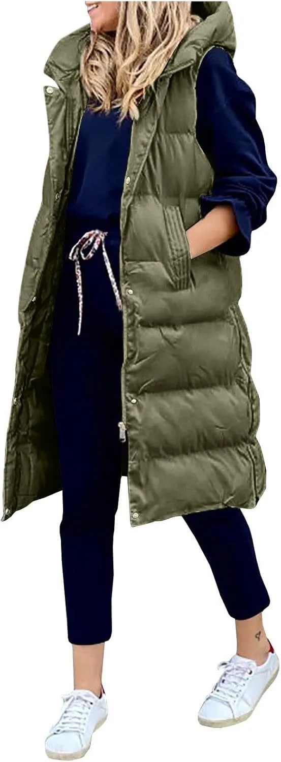 Women's Long Puffer Vest Full-Zip Sleeveless Down Vest Hooded Jacket Fashionable Coats Jacket with Pockets Trendy