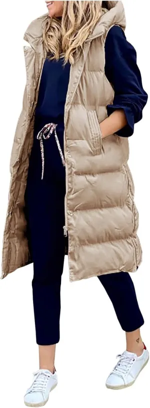 Women's Long Puffer Vest Full-Zip Sleeveless Down Vest Hooded Jacket Fashionable Coats Jacket with Pockets Trendy
