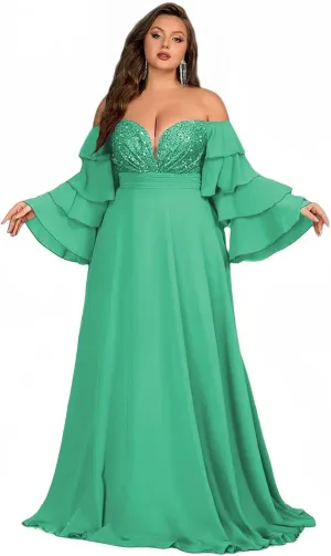 Women's Plus Size Off Shoulder Prom Dresses Puffy Sleeve Sequin Cocktail Party Dresses Formal Party Evening Dress
