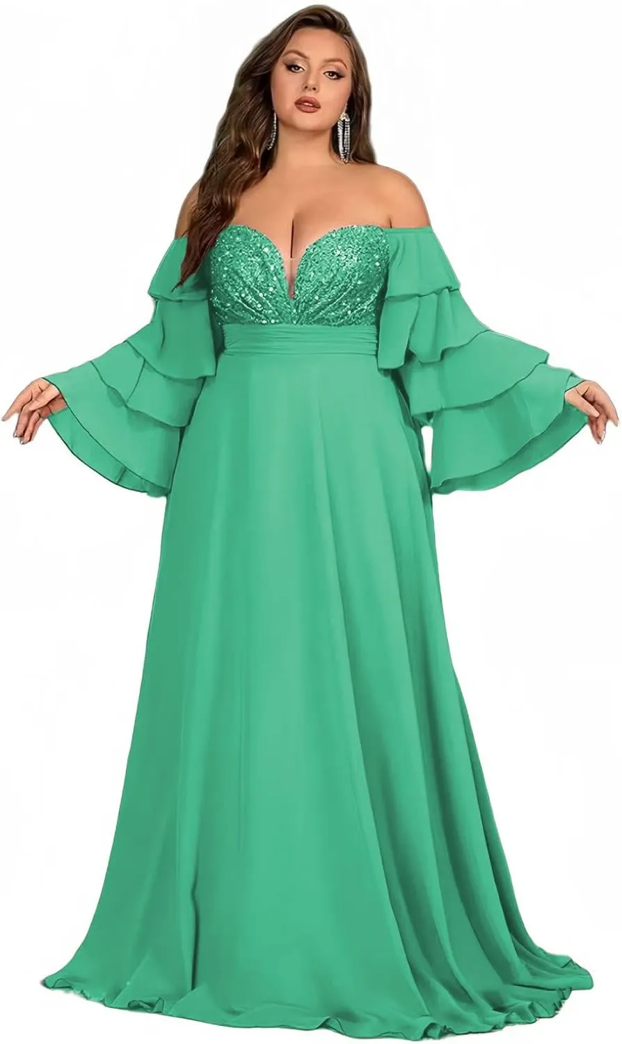 Women's Plus Size Off Shoulder Prom Dresses Puffy Sleeve Sequin Cocktail Party Dresses Formal Party Evening Dress