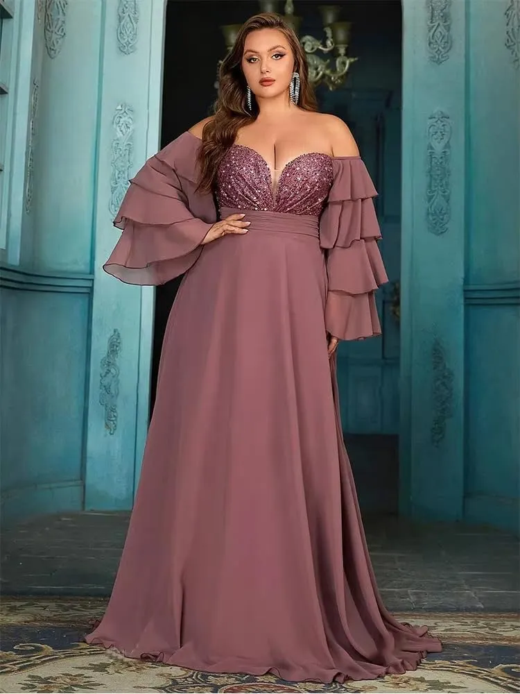 Women's Plus Size Off Shoulder Prom Dresses Puffy Sleeve Sequin Cocktail Party Dresses Formal Party Evening Dress