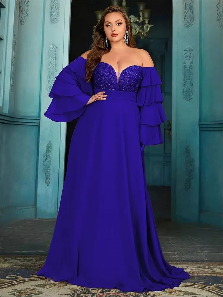 Women's Plus Size Off Shoulder Prom Dresses Puffy Sleeve Sequin Cocktail Party Dresses Formal Party Evening Dress