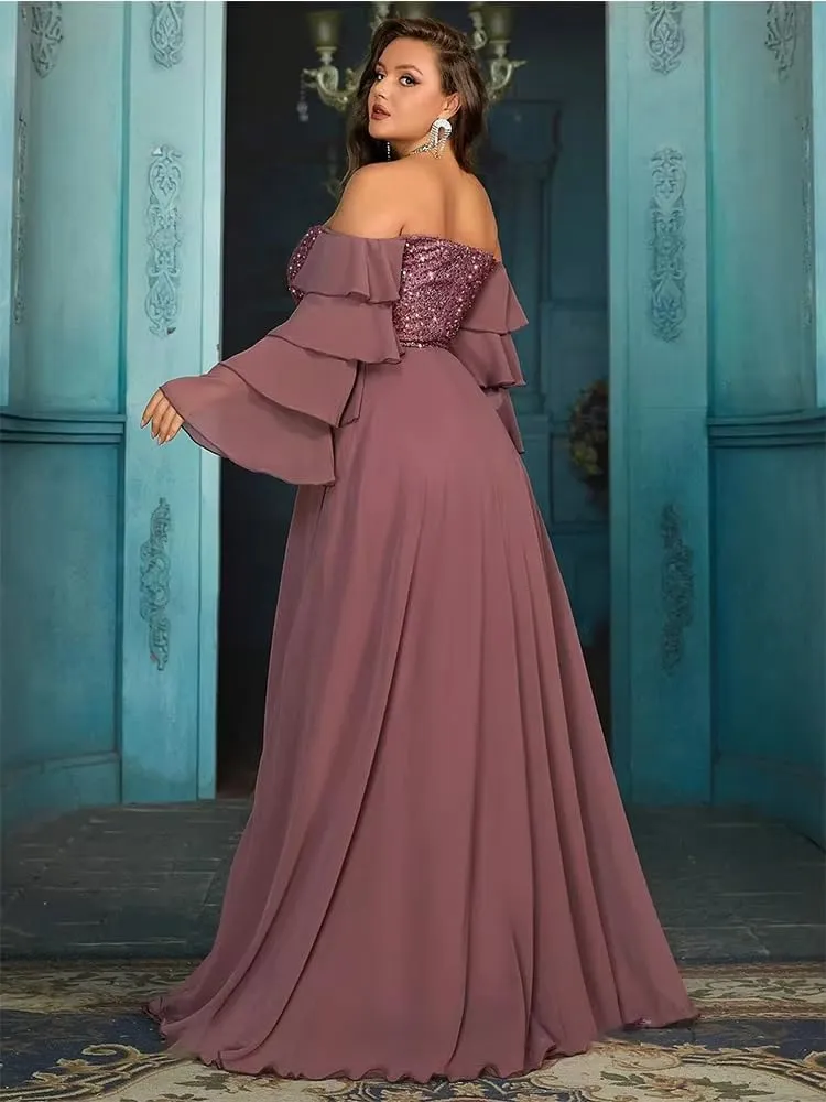 Women's Plus Size Off Shoulder Prom Dresses Puffy Sleeve Sequin Cocktail Party Dresses Formal Party Evening Dress