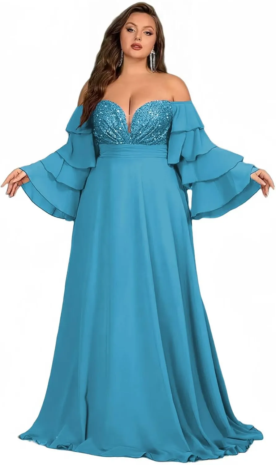 Women's Plus Size Off Shoulder Prom Dresses Puffy Sleeve Sequin Cocktail Party Dresses Formal Party Evening Dress