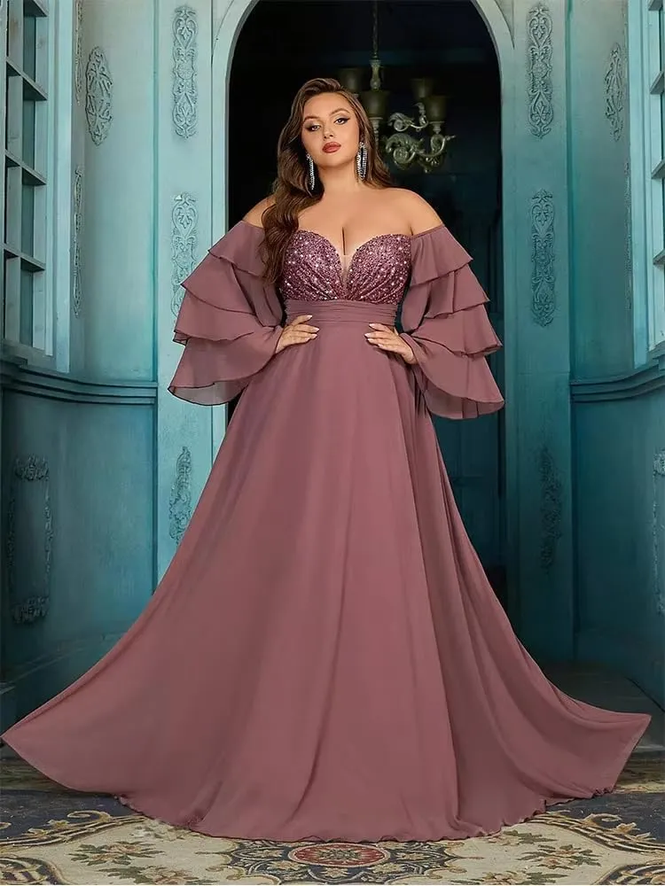 Women's Plus Size Off Shoulder Prom Dresses Puffy Sleeve Sequin Cocktail Party Dresses Formal Party Evening Dress