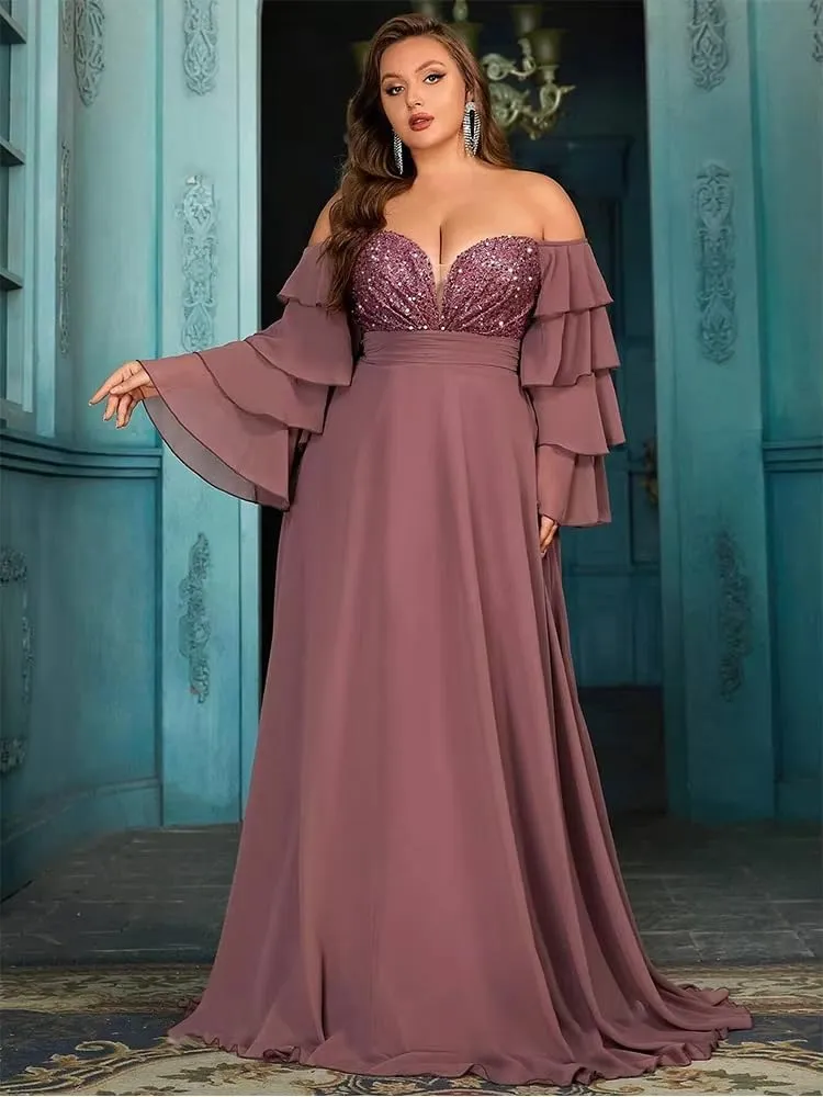 Women's Plus Size Off Shoulder Prom Dresses Puffy Sleeve Sequin Cocktail Party Dresses Formal Party Evening Dress