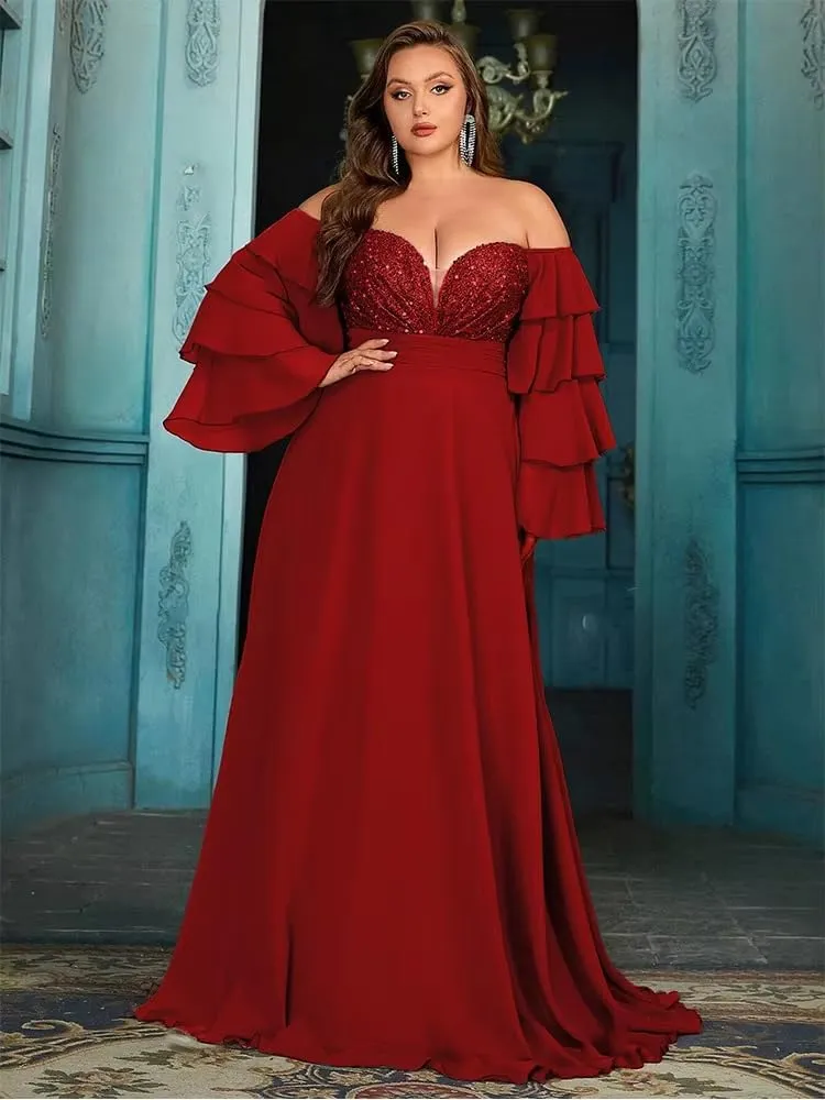 Women's Plus Size Off Shoulder Prom Dresses Puffy Sleeve Sequin Cocktail Party Dresses Formal Party Evening Dress