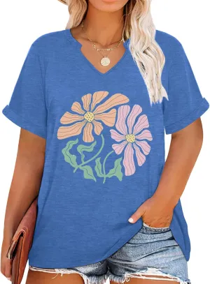 Women's Plus Size Top Summer Flower Graphic V Neck T Shirt Casual Short Sleeve Loose Fit Basic Tee Tops
