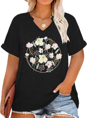 Women's Plus Size Top Summer Flower Graphic V Neck T Shirt Casual Short Sleeve Loose Fit Basic Tee Tops