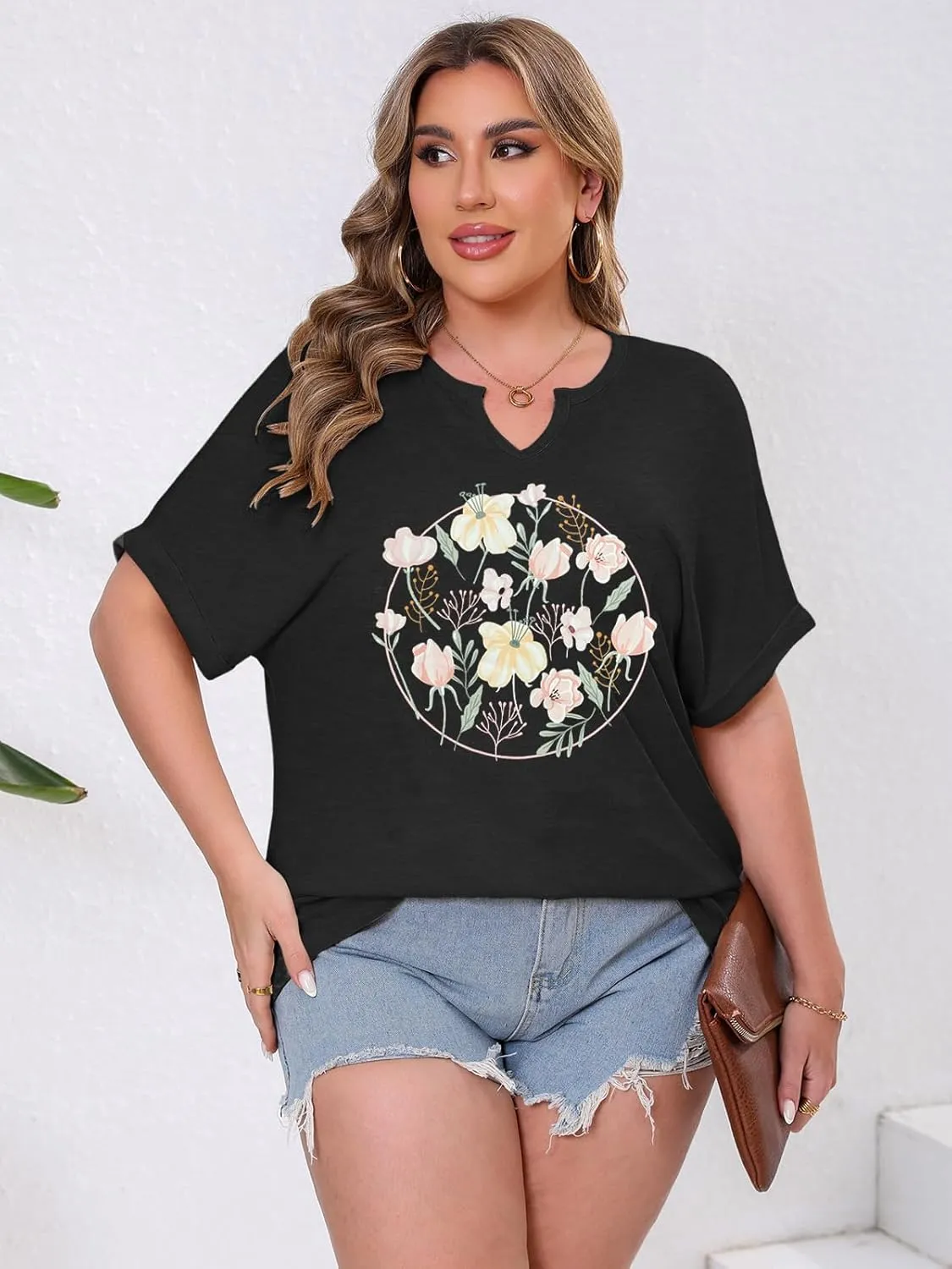 Women's Plus Size Top Summer Flower Graphic V Neck T Shirt Casual Short Sleeve Loose Fit Basic Tee Tops