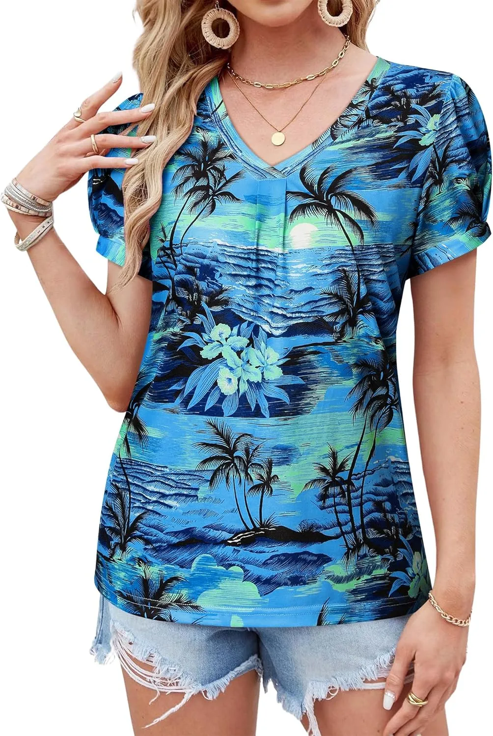 Womens Puff Short Sleeve Hawaiian Shirts Floral Tropic Printed Pleated V Neck Summer Casual T-Shirt Trendy Boho Blouses Tops