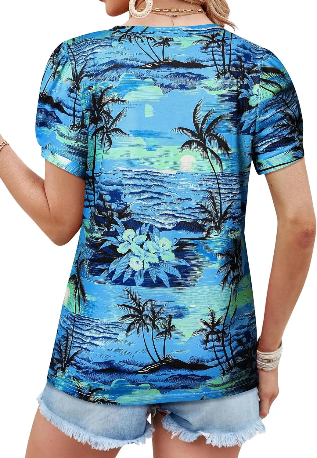 Womens Puff Short Sleeve Hawaiian Shirts Floral Tropic Printed Pleated V Neck Summer Casual T-Shirt Trendy Boho Blouses Tops