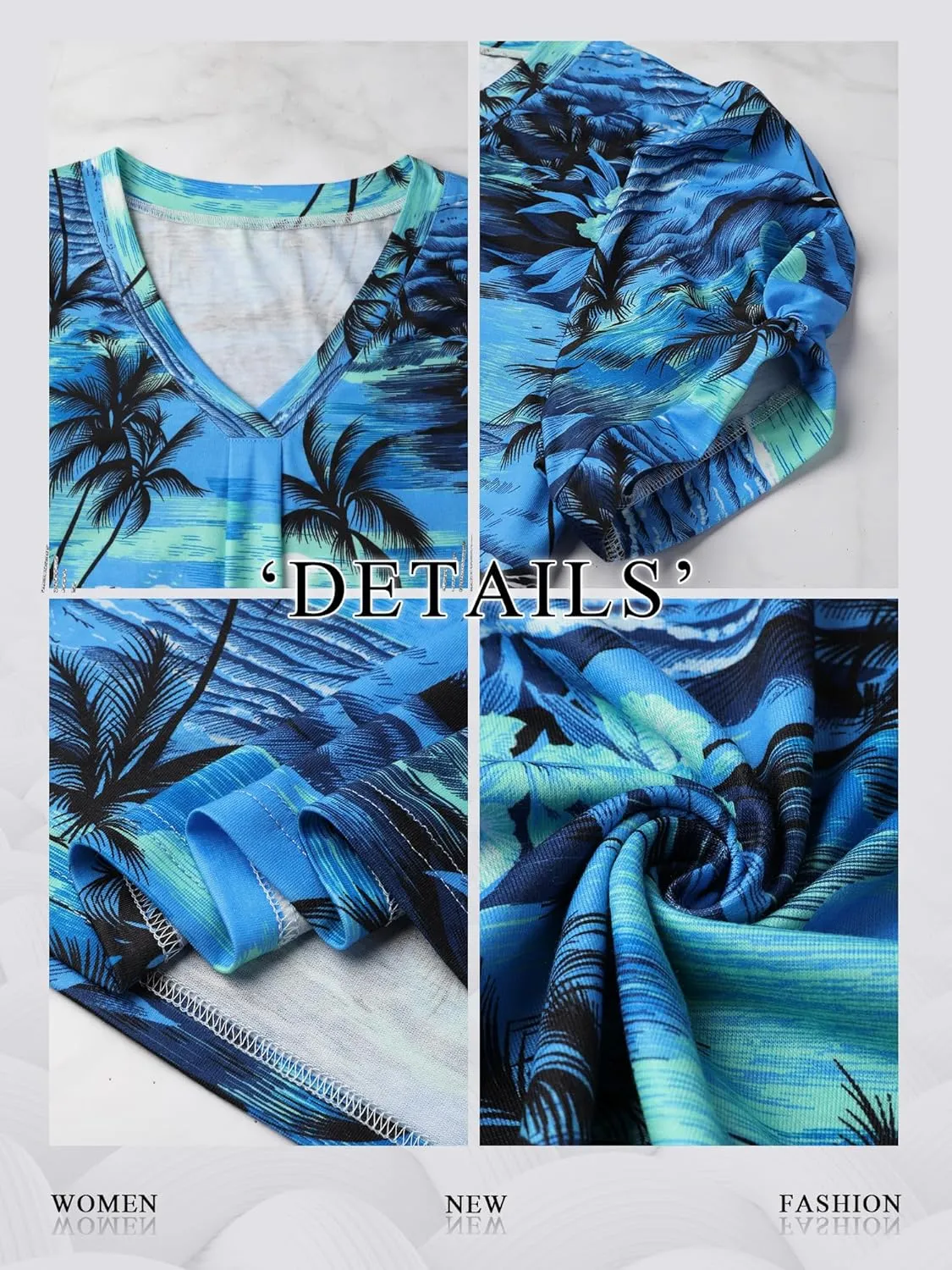Womens Puff Short Sleeve Hawaiian Shirts Floral Tropic Printed Pleated V Neck Summer Casual T-Shirt Trendy Boho Blouses Tops
