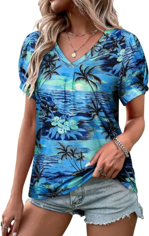 Womens Puff Short Sleeve Hawaiian Shirts Floral Tropic Printed Pleated V Neck Summer Casual T-Shirt Trendy Boho Blouses Tops