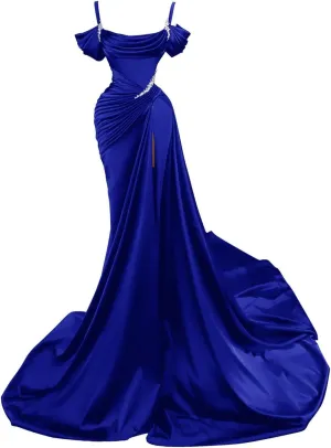 Women's Satin Mermaid Long Prom Dresses Spaghtti Straps Beaded Sparkly Formal Evening Gowns with Slit R060