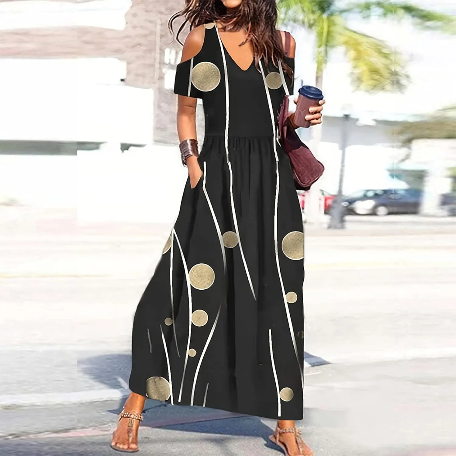 Women's Short Sleeve Loose Plain Casual Long Maxi Dresses for Women V-Neck Slit Casual Travel T-Shirt Dress
