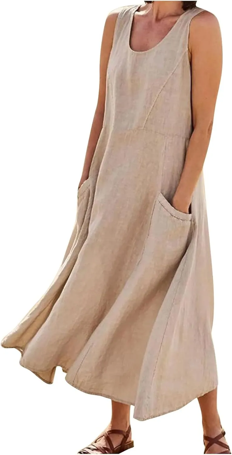 Women's Spring Sleeveless Dresses 2024 Casual Maxi Solid Color Summer Dresses, S-3XL