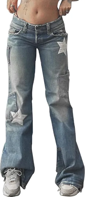 Womens Star Print Jeans Y2k Jeans Baggy Denim Pants Vintage Blue Jeans Straight Leg Pants
