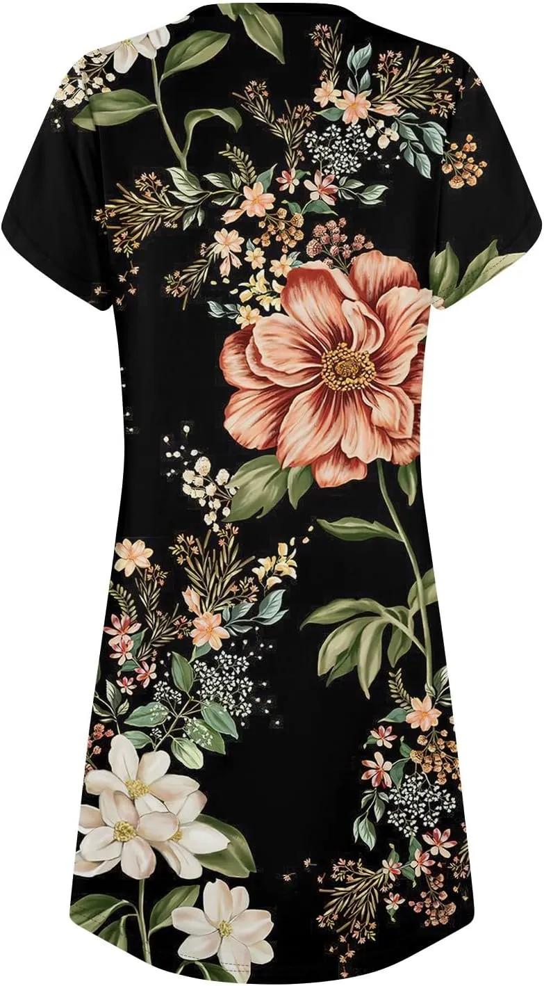Women's Summer Dress Casual V Neck Short Sleeve Flowy Beach Loose Floral Tshirt Mini Dresses Casual, S-3XL