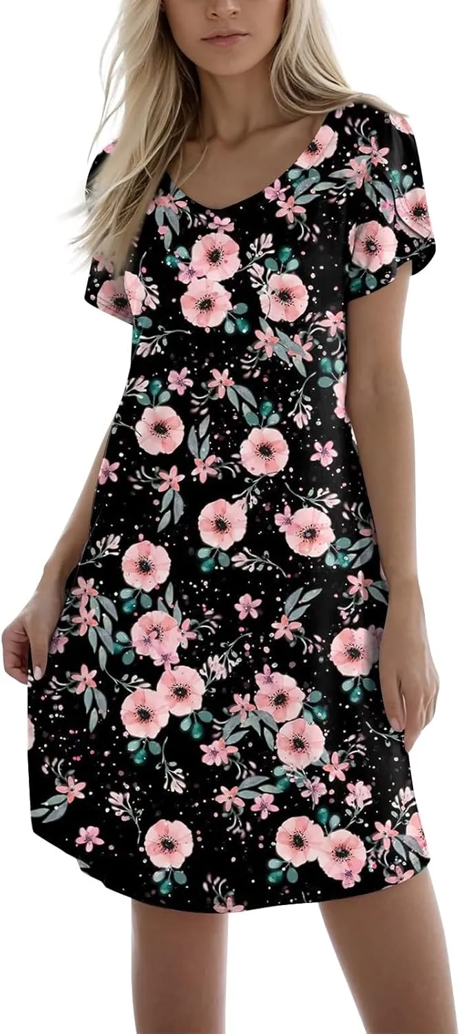 Women's Summer Dress Casual V Neck Short Sleeve Flowy Beach Loose Floral Tshirt Mini Dresses Casual, S-3XL