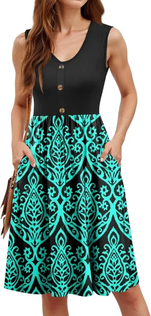 Women's Sun Dresses Summer Casual Sleeveless V Neck Empire Waist Printed Button Down Loose Mini Dress Casual, S-2XL