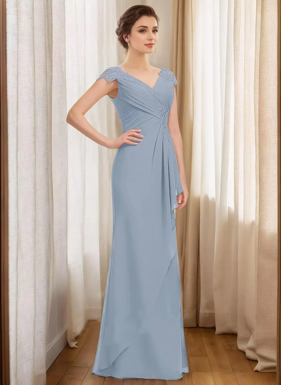 Women's V-Neck Lace Applique Mother of The Bride Dresses A-Line Wedding Guest Dresses Formal Gown Evening Dresses