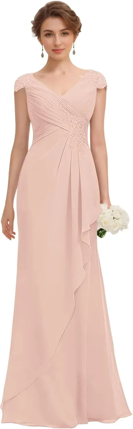 Women's V-Neck Lace Applique Mother of The Bride Dresses A-Line Wedding Guest Dresses Formal Gown Evening Dresses