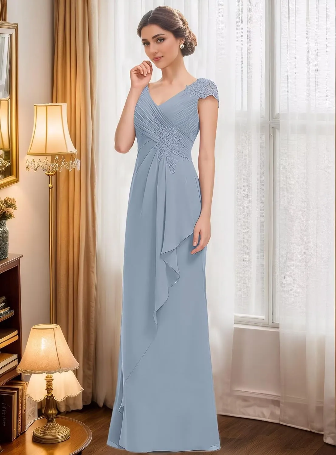 Women's V-Neck Lace Applique Mother of The Bride Dresses A-Line Wedding Guest Dresses Formal Gown Evening Dresses