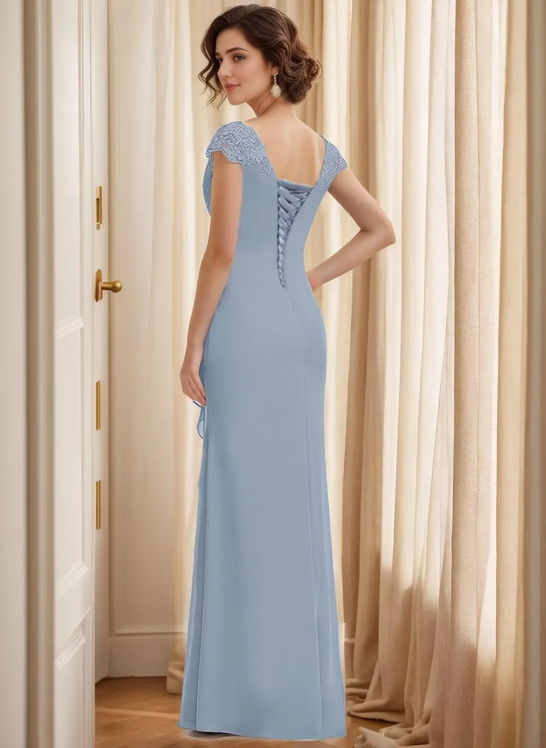 Women's V-Neck Lace Applique Mother of The Bride Dresses A-Line Wedding Guest Dresses Formal Gown Evening Dresses