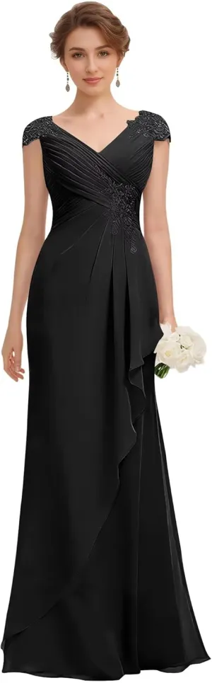 Women's V-Neck Lace Applique Mother of The Bride Dresses A-Line Wedding Guest Dresses Formal Gown Evening Dresses