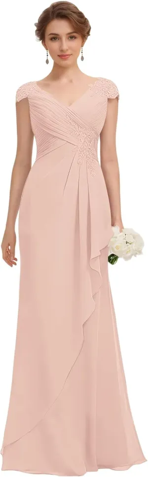 Women's V-Neck Lace Applique Mother of The Bride Dresses A-Line Wedding Guest Dresses Formal Gown Evening Dresses