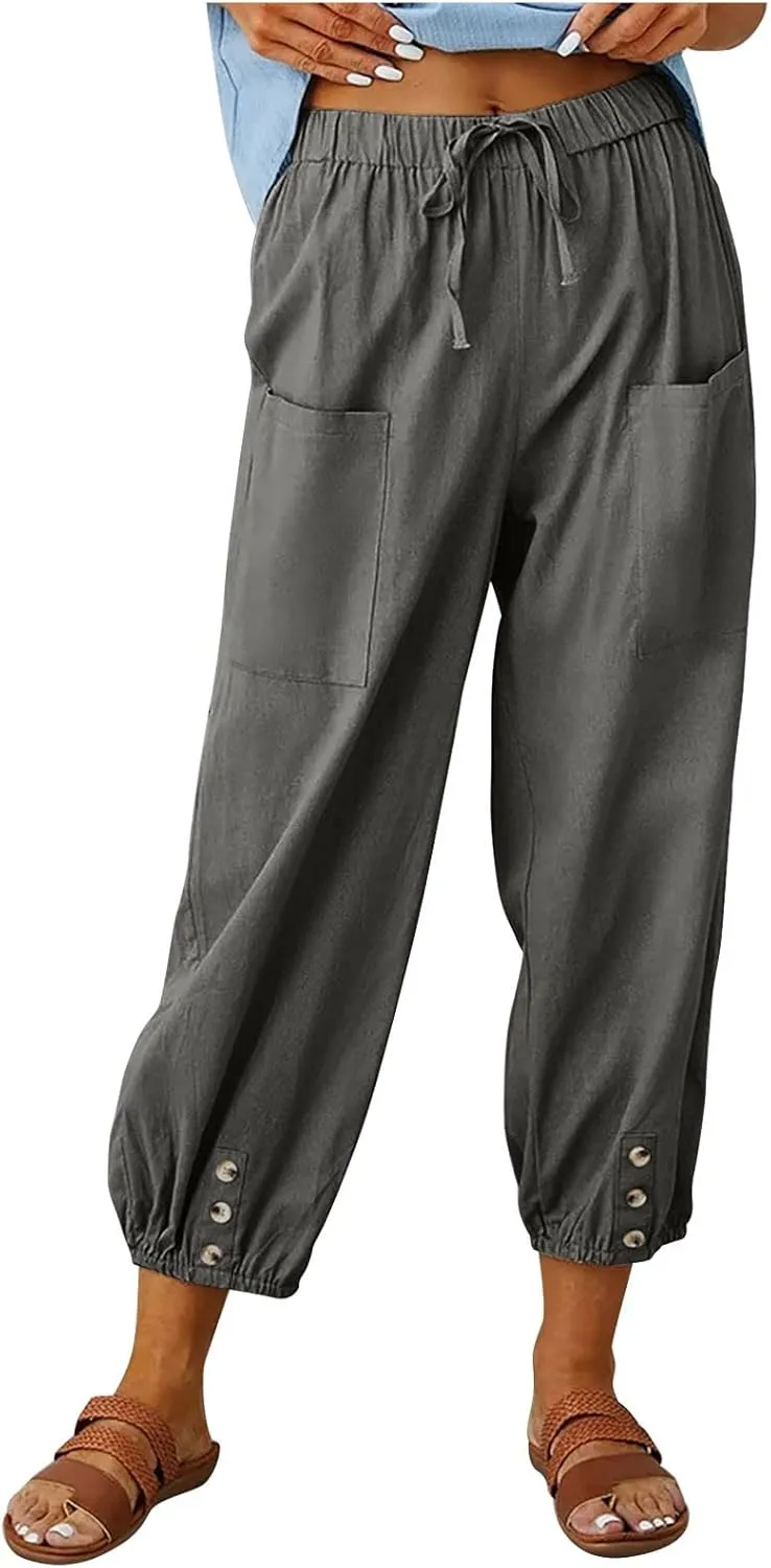 Womens Wide Leg Linen Pants Beach Casual High Waisted Palazzo Pant Comfy Ruched Trouser with Pocket
