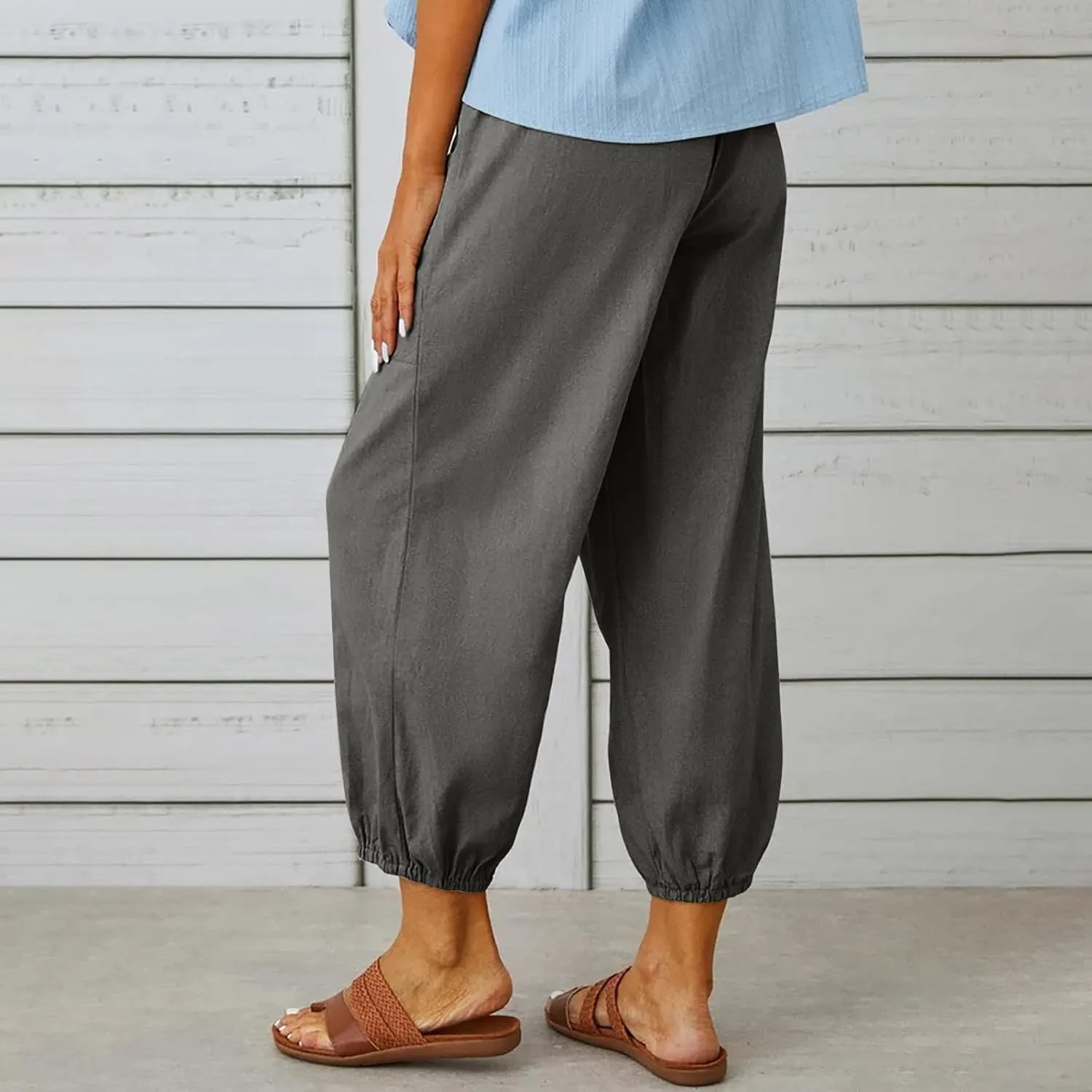 Womens Wide Leg Linen Pants Beach Casual High Waisted Palazzo Pant Comfy Ruched Trouser with Pocket
