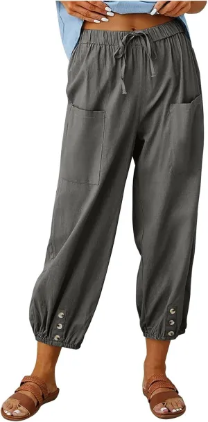 Womens Wide Leg Linen Pants Beach Casual High Waisted Palazzo Pant Comfy Ruched Trouser with Pocket