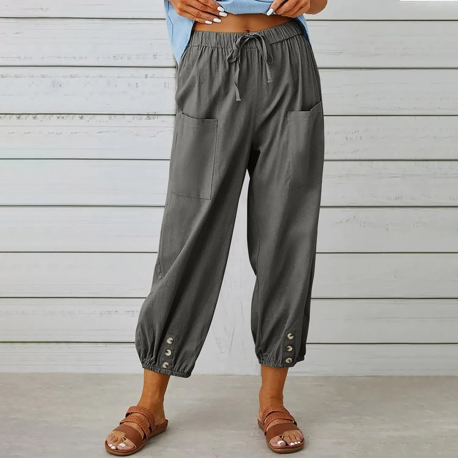 Womens Wide Leg Linen Pants Beach Casual High Waisted Palazzo Pant Comfy Ruched Trouser with Pocket