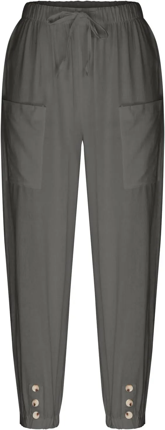 Womens Wide Leg Linen Pants Beach Casual High Waisted Palazzo Pant Comfy Ruched Trouser with Pocket