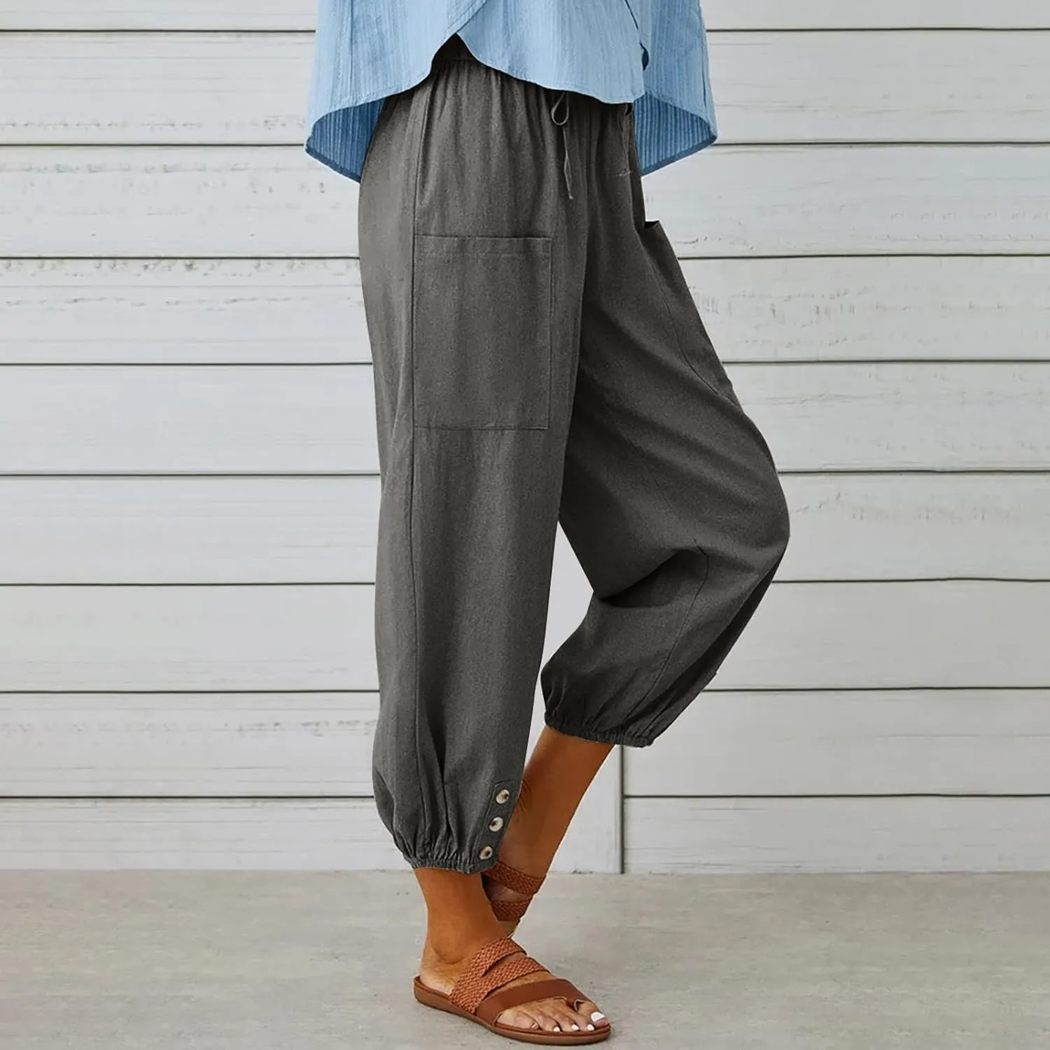 Womens Wide Leg Linen Pants Beach Casual High Waisted Palazzo Pant Comfy Ruched Trouser with Pocket