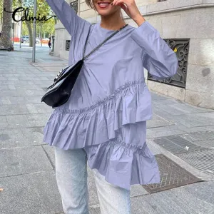 xakxx Stylish Tops Women Long Sleeve Asymmetrical Blouses Round Neck Elegant Ruffles Top Casual Tunic Blusas Femme