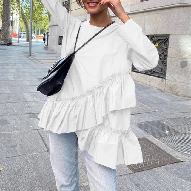 xakxx Stylish Tops Women Long Sleeve Asymmetrical Blouses Round Neck Elegant Ruffles Top Casual Tunic Blusas Femme