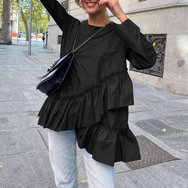 xakxx Stylish Tops Women Long Sleeve Asymmetrical Blouses Round Neck Elegant Ruffles Top Casual Tunic Blusas Femme