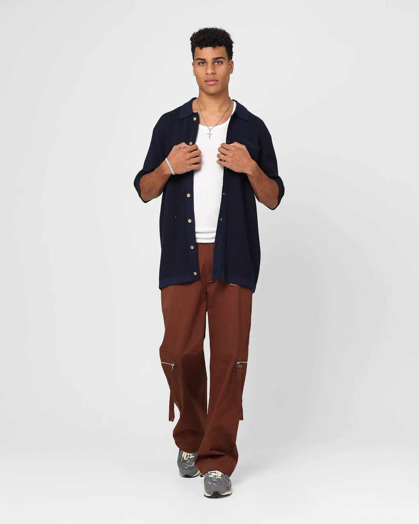 XXIII Zyair Knit Rib Button Up Shirt Navy
