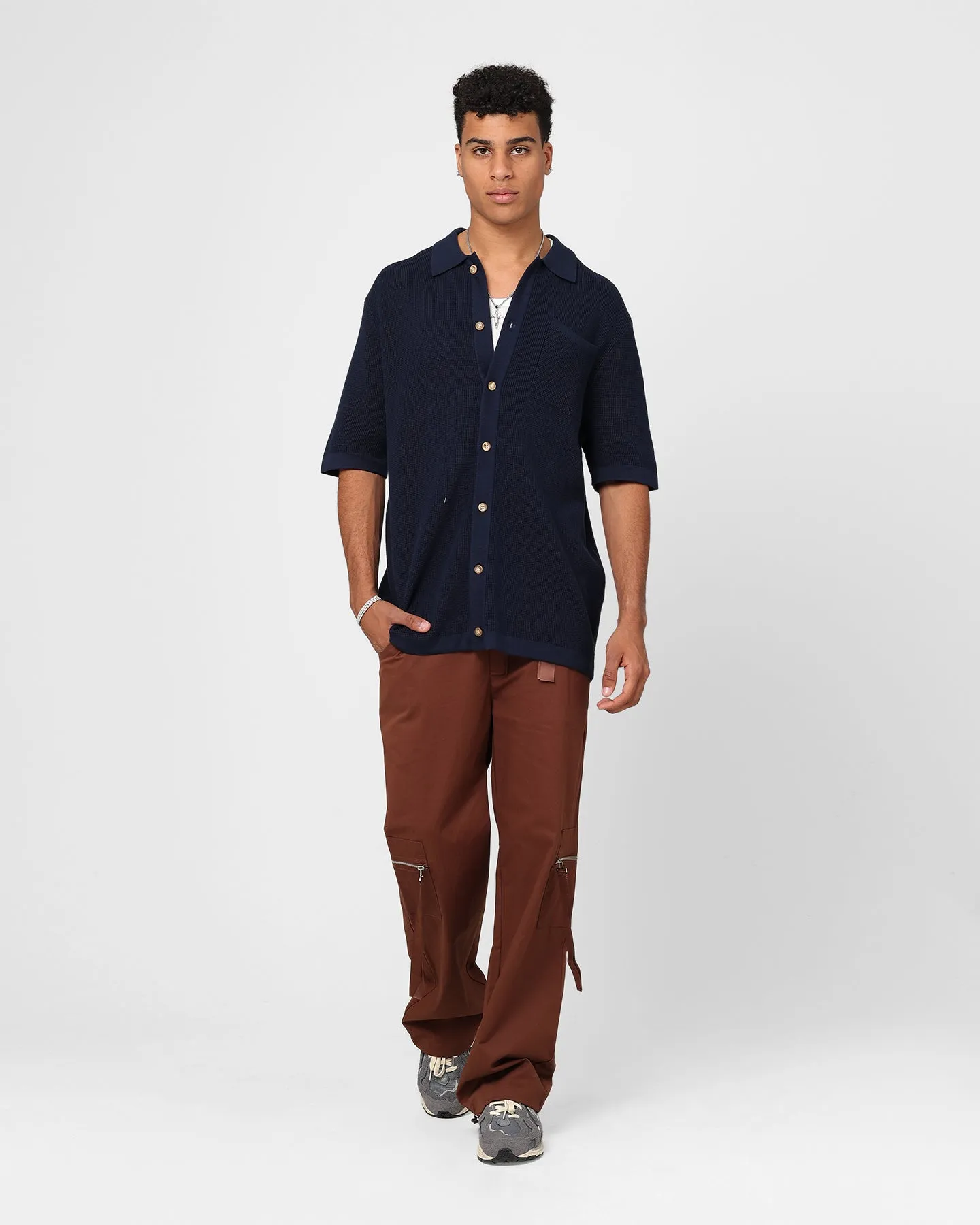 XXIII Zyair Knit Rib Button Up Shirt Navy