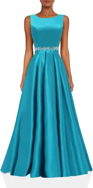 Yexinbridal Satin Prom Dresses Long for Women A-Line Beaded Belt Formal Evening Party Ball Gowns with Pockets
