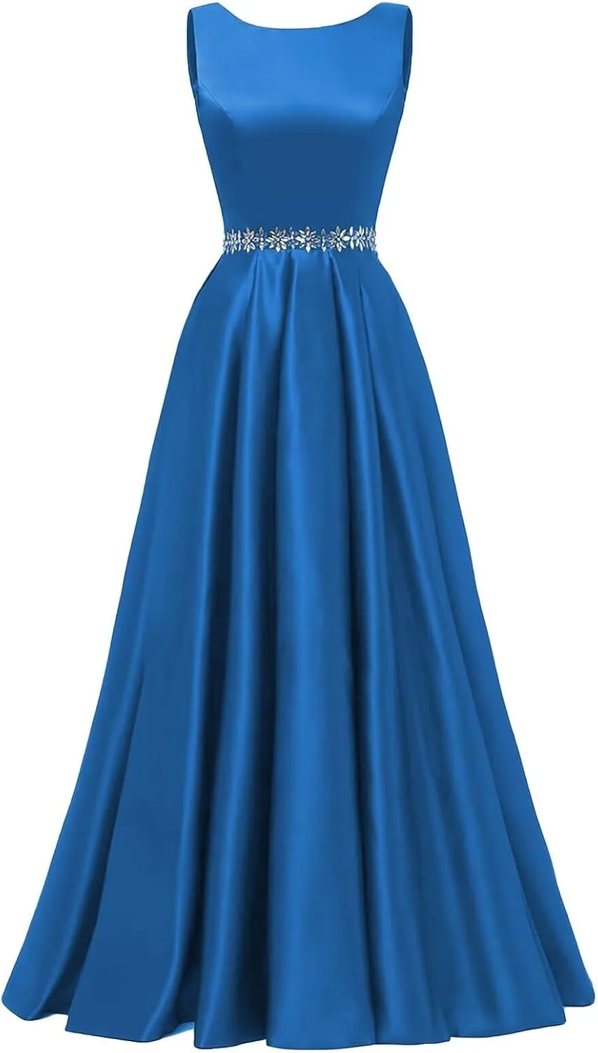 Yexinbridal Satin Prom Dresses Long for Women A-Line Beaded Belt Formal Evening Party Ball Gowns with Pockets